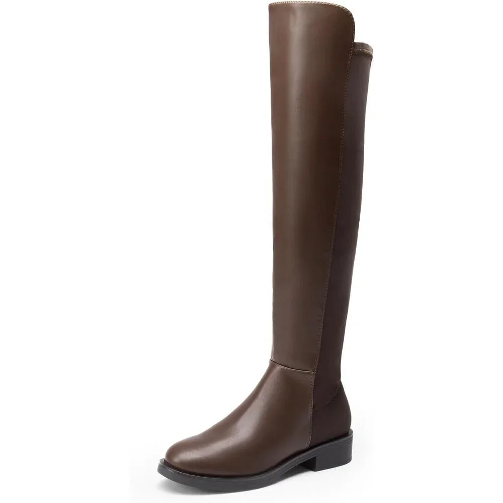 🆕Women Brown-pu Knee High Comfortable Thigh High Daily Low Flat Heel Long Boot